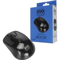 Black Evo Labs wireless mouse, ambidextrous design, glossy finish, with USB Type-A receiver, 800 DPI optical sensor.
