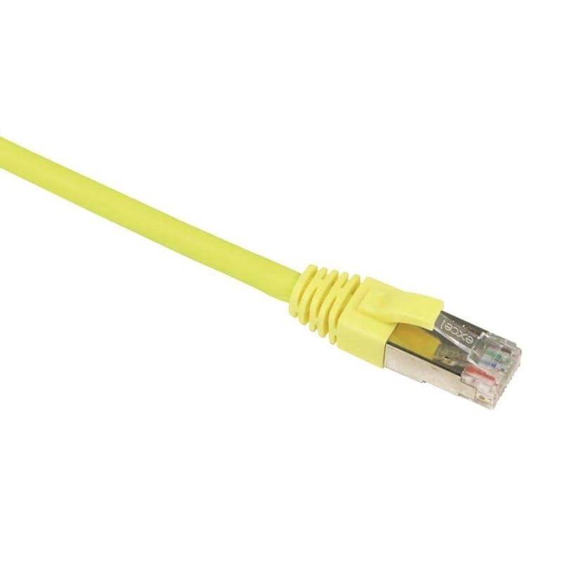 Bright yellow Ethernet cable with a clear plastic connector, featuring eight metal pins visible through the transparent casing.