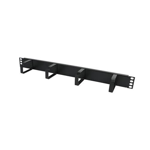 Black metal cable management panel with four cable management slots, designed for rack installation, featuring mounting holes for secure attachment.