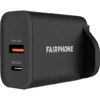 Black Fairphone charger with USB and USB-C ports, fast charging, compact rectangular design, Fairphone logo in white.
