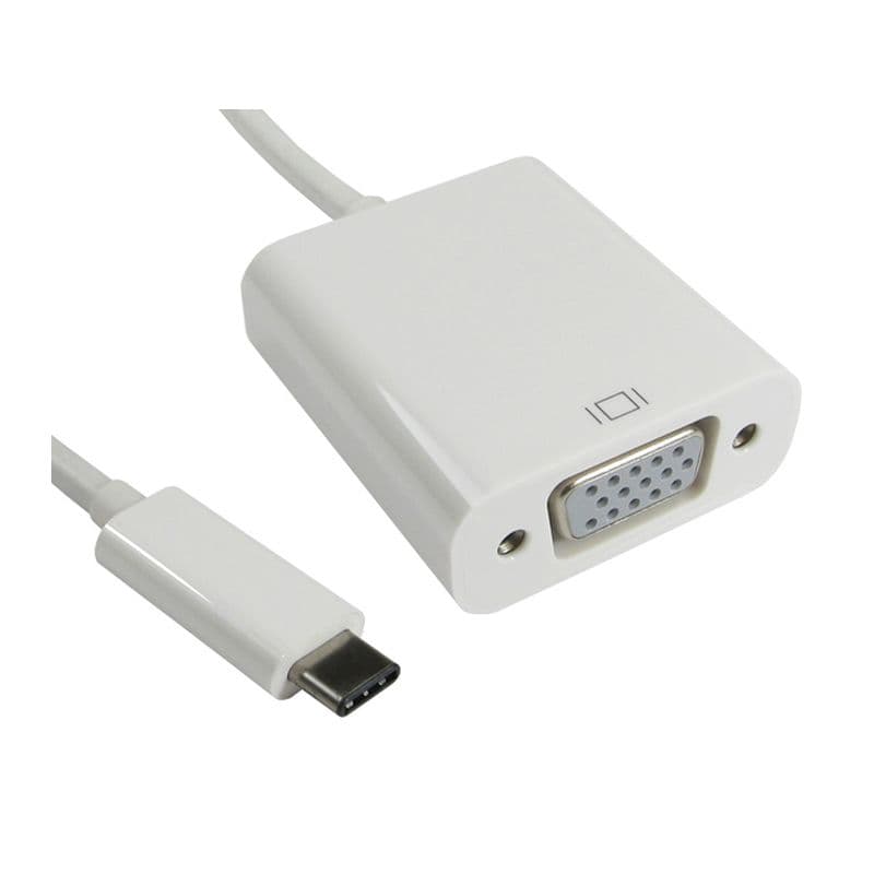 White USB Type C to VGA adaptor cable, featuring a compact design with a USB Type C connector on one end and a VGA port on the other, ideal for connecting devices to VGA displays.