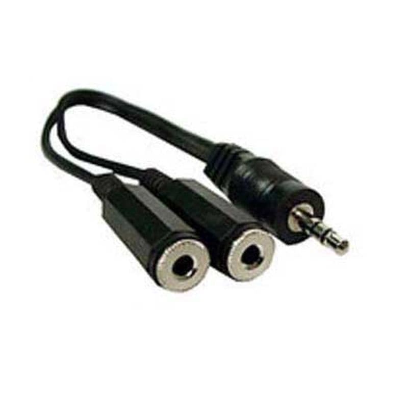 Black 3.5mm stereo jack splitter with one male connector and two female connectors, featuring a flexible cable for audio device connection.