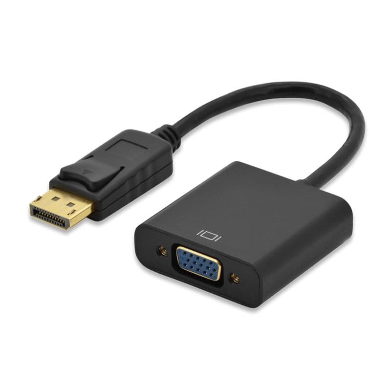 Black 0.2m DisplayPort to VGA adapter with a male DisplayPort connector on one end and a female VGA connector on the other, featuring gold-plated pins for better connectivity.