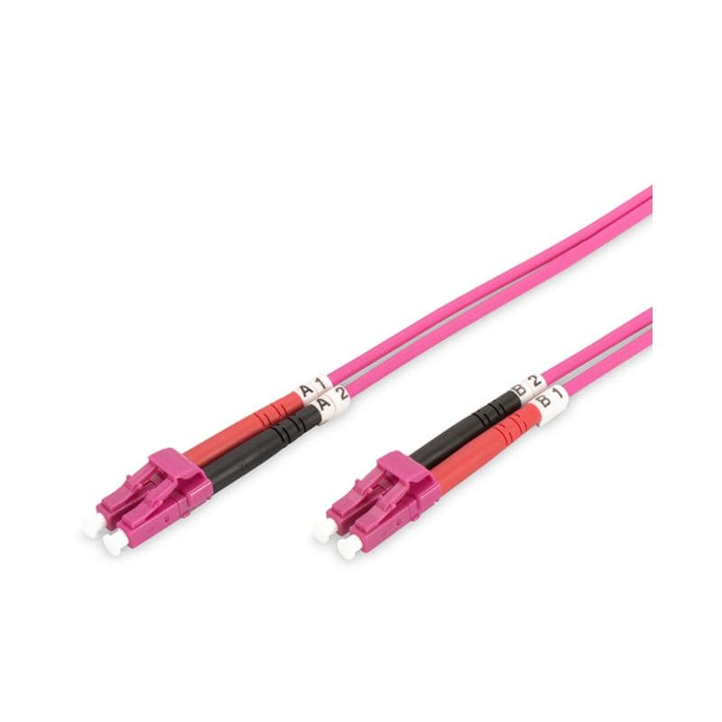 Violet 0.5M OM4 fibre optic cable with 50/125 specifications, featuring two LC-LC connectors and a 2.8mm diameter, designed for high-speed data transmission.