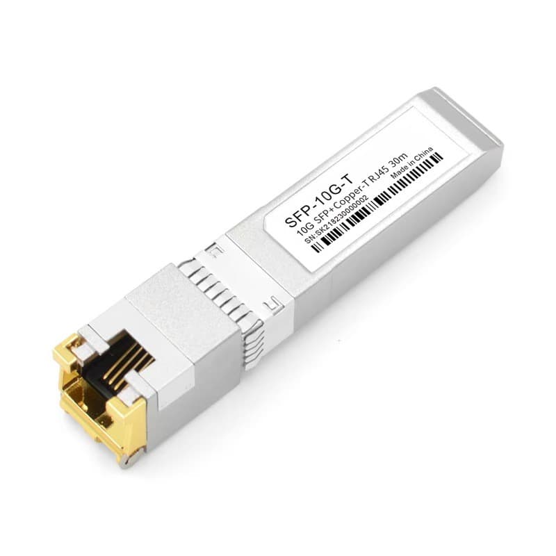 FDL 10Gb SFP RJ45 copper mini GBIC transceiver module in silver metal casing with a gold-plated connector, designed for 80m Ethernet connections.