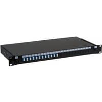 Black FDL 12 port duplex LC singlemode patch panel with 24 fiber connections and blue port labels.