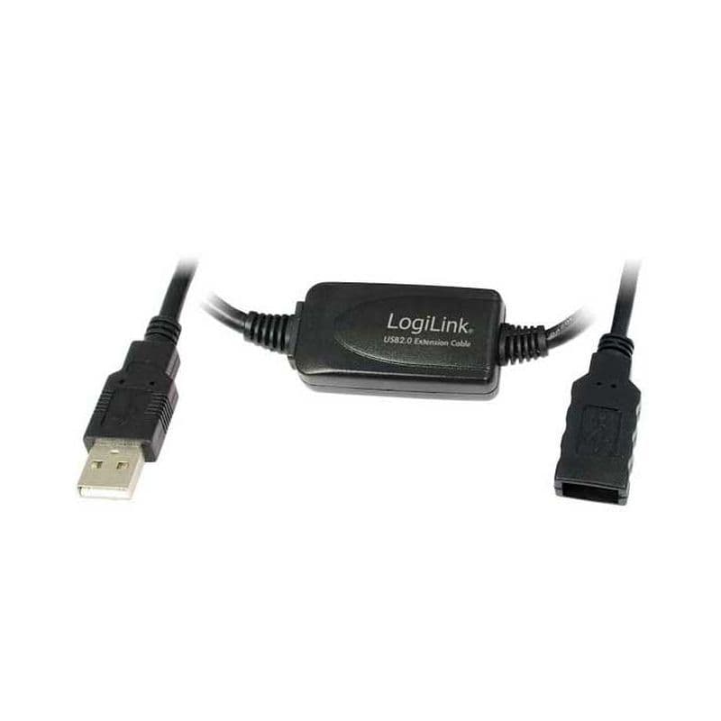 Black USB 2.0 repeater extension cable, 15 meters long, featuring a male USB connector on one end and a female USB connector on the other, with a small black plastic connector housing.