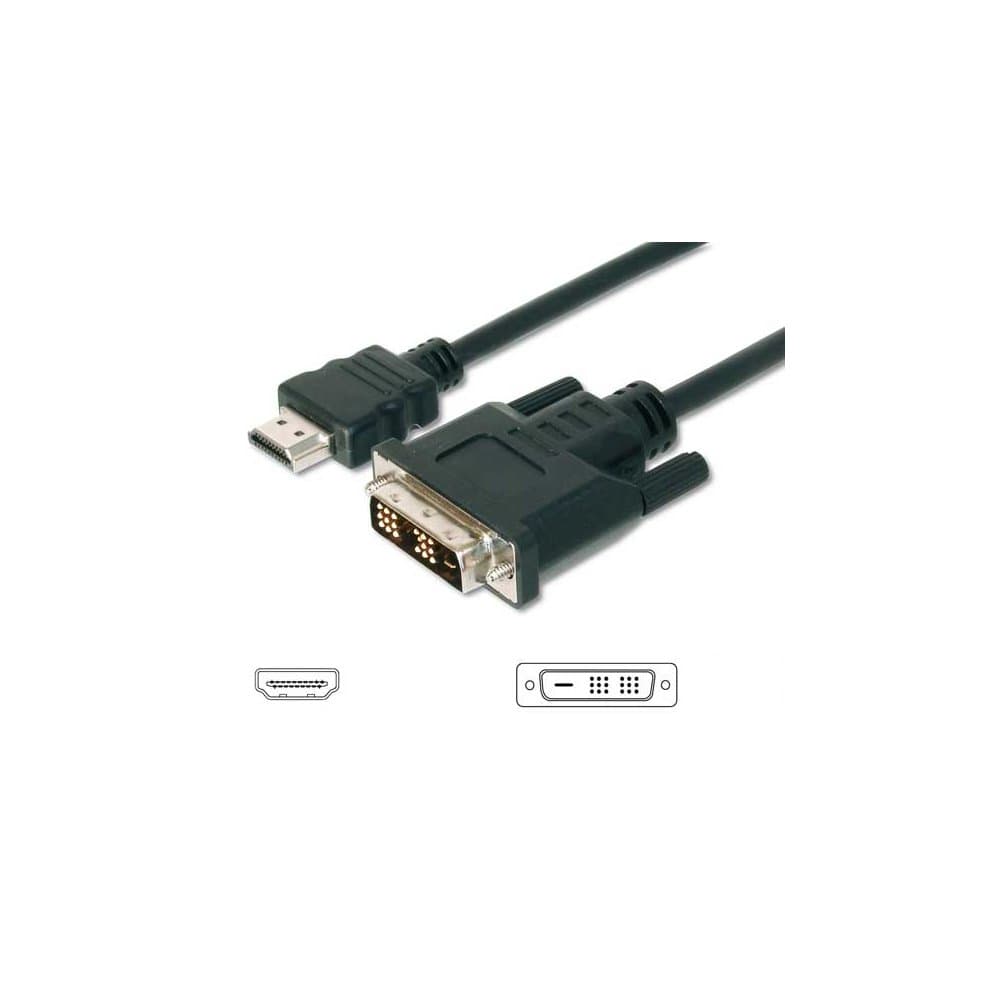 Black 1m high-speed HDMI-A to DVI-D cable with male connectors on both ends, featuring a standard HDMI connector and a DVI-D connector with gold-plated pins.