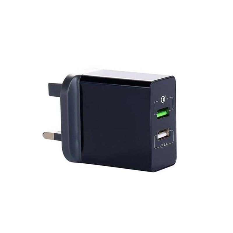 Black FDL 2-port USB mains charger with QC3, featuring a green quick charge indicator, two USB ports, and a compact design with UK plug.