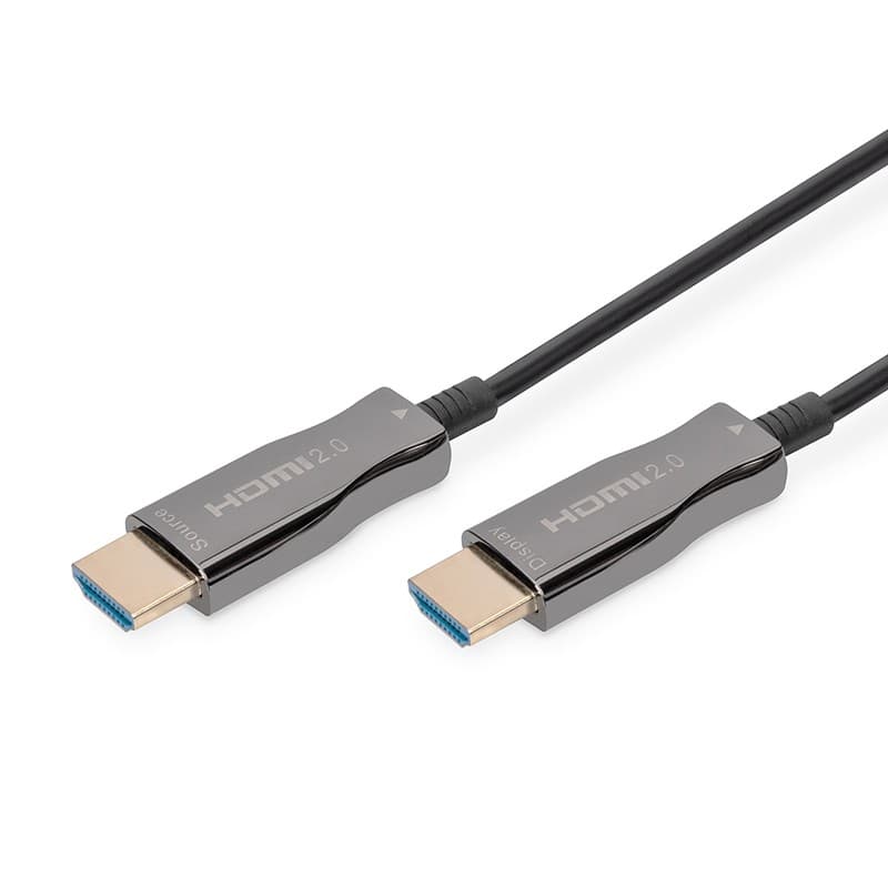 Black ultra HDMI 2.0 AOC cable, 25 meters long, featuring two sleek connectors with blue inserts, designed for 4K video at 60Hz.