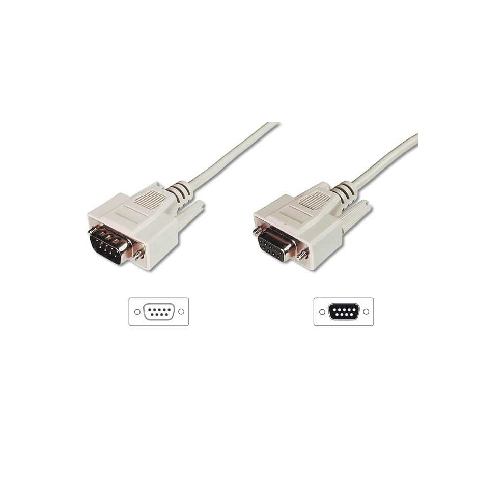 Straight-through serial cable with a beige plastic exterior, featuring a DB9 male connector on one end and a DB9 female socket on the other, designed for data transmission.