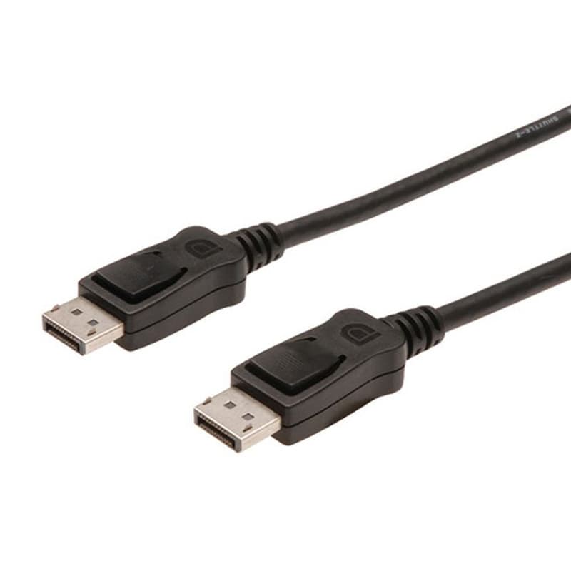 Black 2-meter Display Port V1.4 connection cable with male connectors on both ends, featuring a sturdy design and locking mechanism for secure connections.