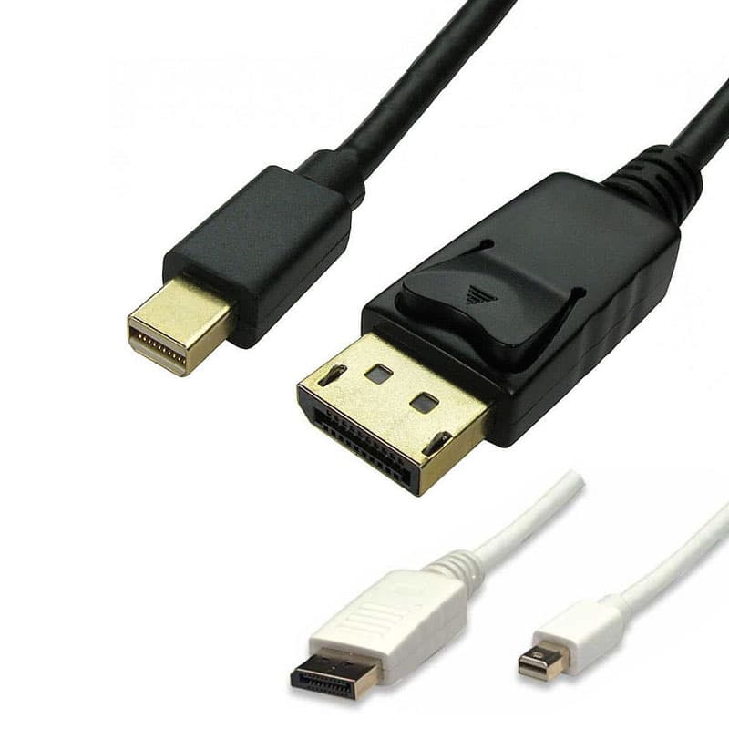 Black 2m Mini DisplayPort to DisplayPort cable with a gold-plated connector on one end and a black connector on the other, featuring a sturdy, flexible design.