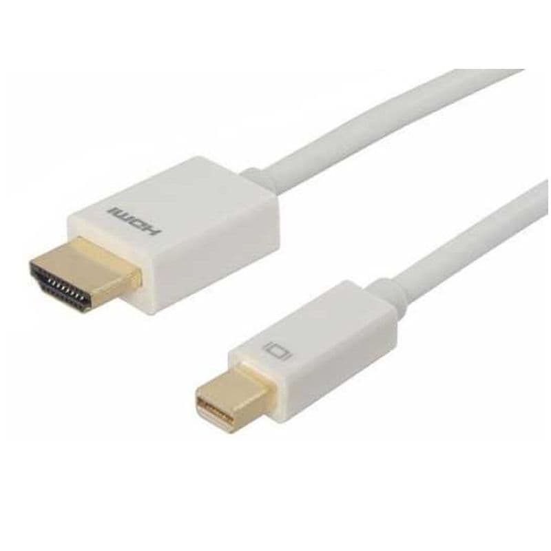 White 2-meter Mini DisplayPort to HDMI cable with male connectors on both ends, featuring a sleek design and clear labeling on the connectors.