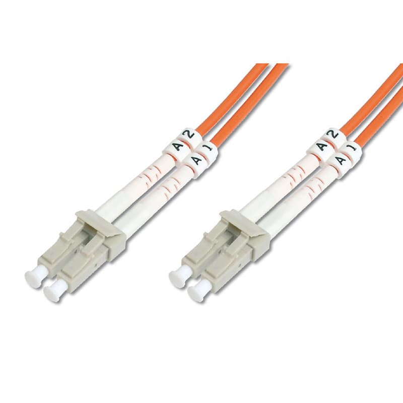 Orange 2-meter fibre optic cable featuring LC-LC connectors, 50/125 micron, with a 2.8mm diameter, designed for high-speed data transmission.