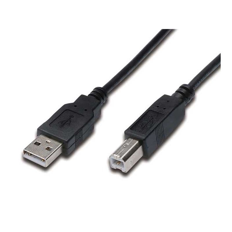 Black 2-meter USB 2.0 cable featuring a Type A connector on one end and a Type B connector on the other, designed for data transfer between devices.