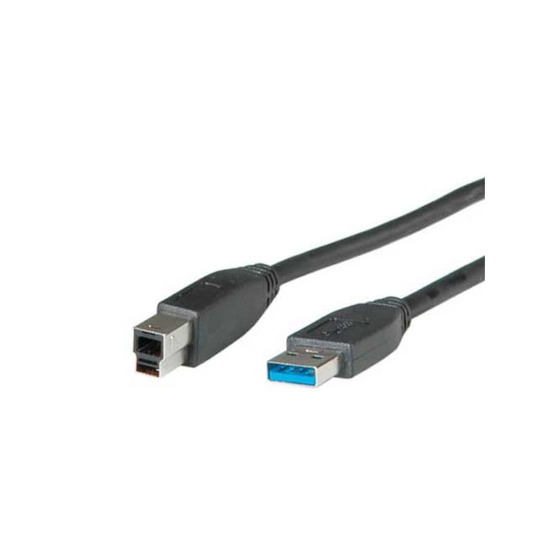 Black 2-meter USB 3.0 A to B cable with a rectangular B connector and a flat A connector, designed for high-speed data transfer.