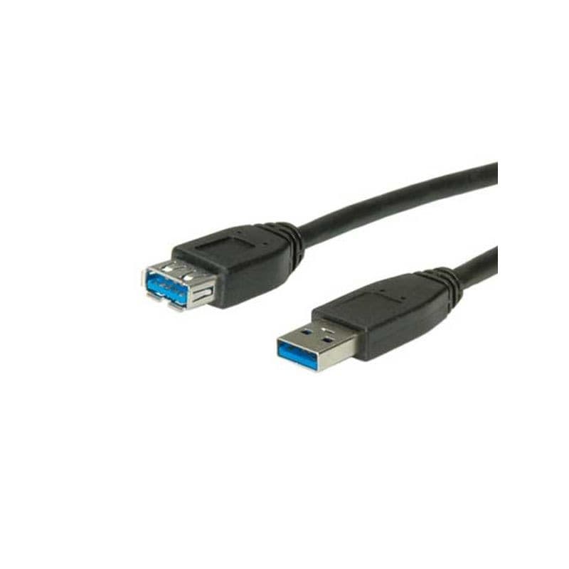 Black 2m USB 3.0 male-to-female extension cable with blue connectors, designed for high-speed data transfer and compatibility with various devices.