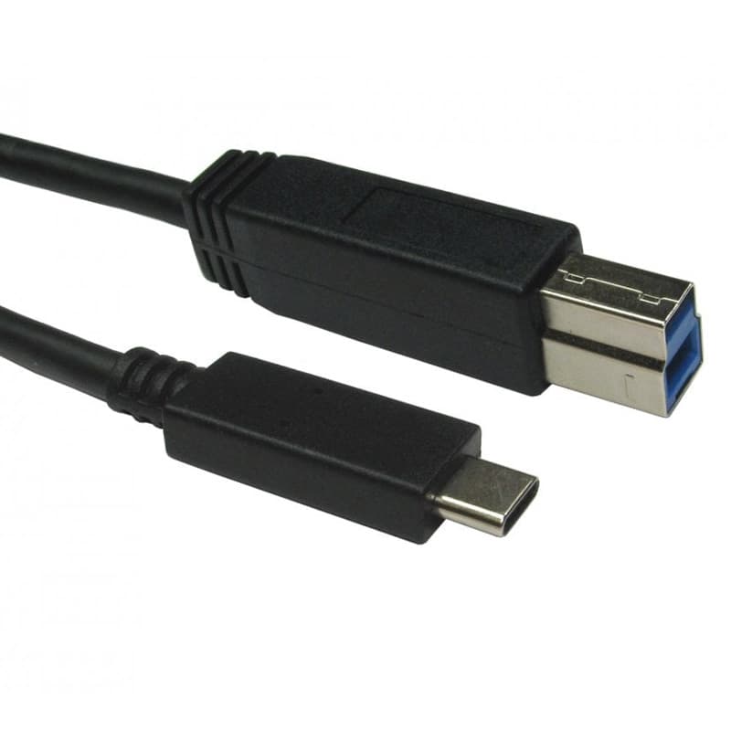 Black 2m USB 3.0 cable featuring a Type C male connector on one end and a USB B male connector on the other, with a durable plastic casing and flexible design.