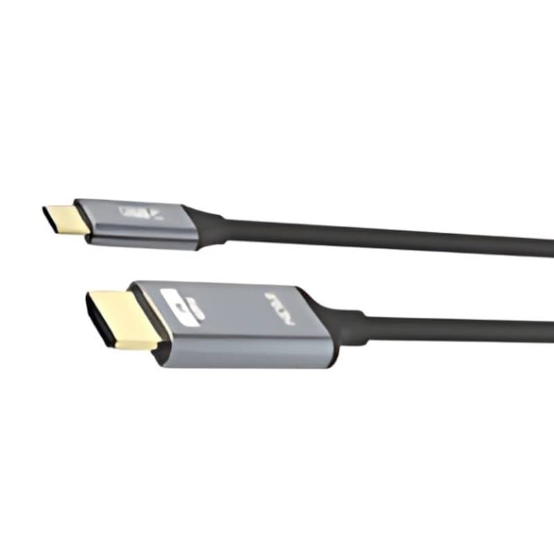 Black 2m USB 4.0 Type C to HDMI 2.1 adapter cable with metallic gray connectors, designed for high-speed data transfer and video output.