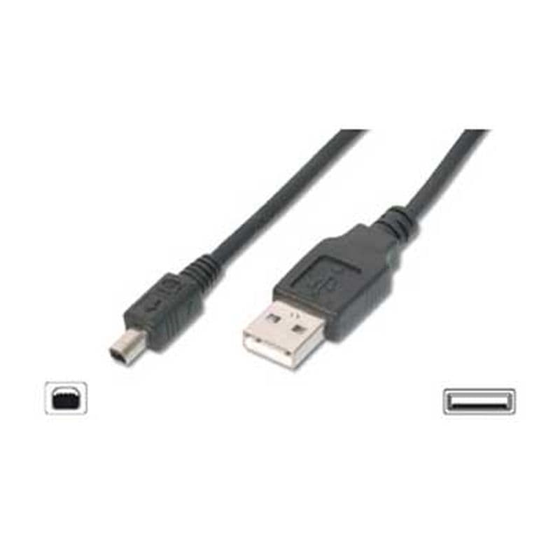Black 2m USB A to 4 Pin Mini USB (d Style) cable by FDL, featuring a standard USB connector and a mini USB connector, both with molded ends for durability.