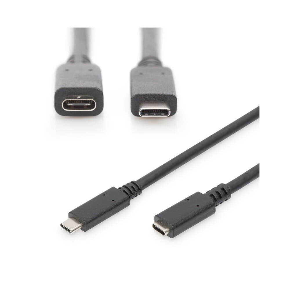 Black 2m USB Type C male to female extension cable with a sturdy design, featuring a smooth finish and clear connectors on both ends for reliable connectivity.