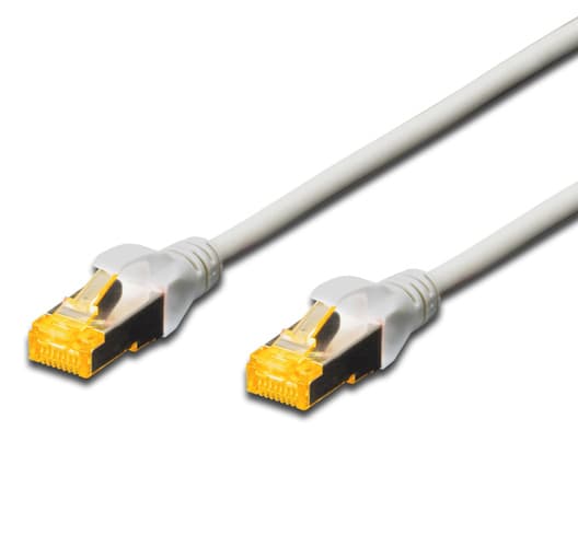 Grey 3M CAT.6a 10Gb S-FTP LSZH patch cable featuring transparent connectors with yellow tabs on both ends, designed for high-speed data transmission.