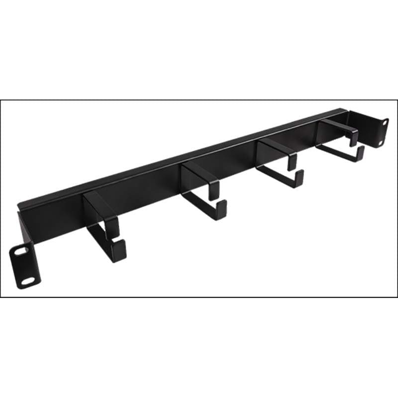 Black metal 19-inch recessed cable management bar with four hooks, designed for organizing cables, featuring a sleek, sturdy construction and mounting brackets on each end.