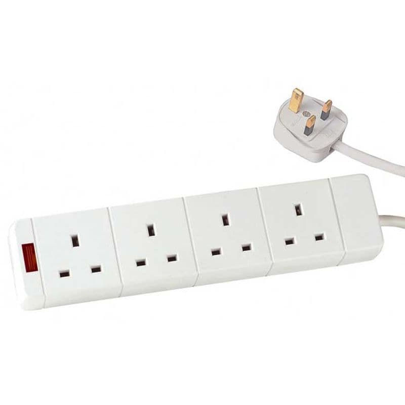 White 4-way mains gang strip with a 5m cable, featuring four UK plug sockets and a red power indicator switch.