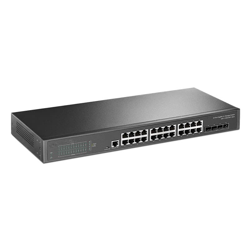 Black metal L3 switch featuring 24 Gigabit ports, 4 SFP+ slots, and 1 console port, with a sleek design and ventilation grilles on the side.