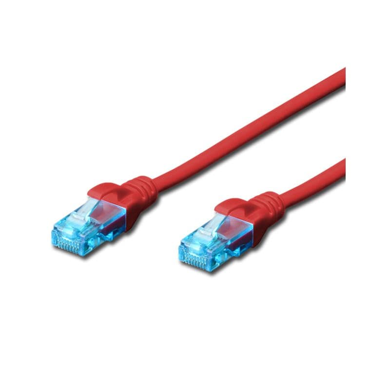 Red FDL 4M CAT.5e UTP patch cable with transparent blue connectors on both ends, designed for network connectivity.