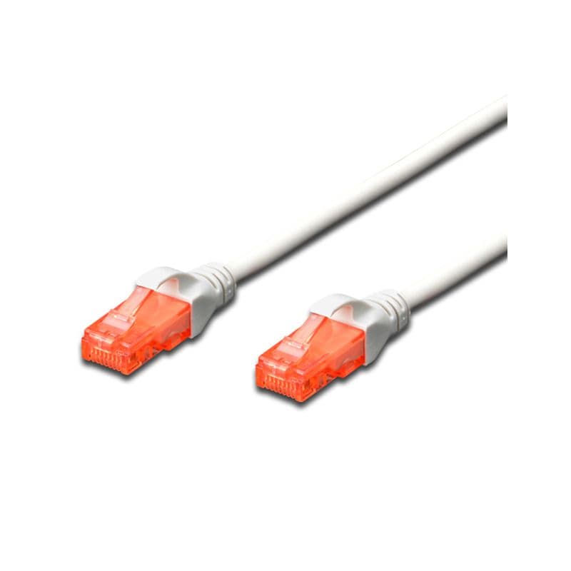 White Cat.6 UTP LSZH patch cable measuring 5 meters, featuring transparent orange connectors at both ends for secure Ethernet connections.