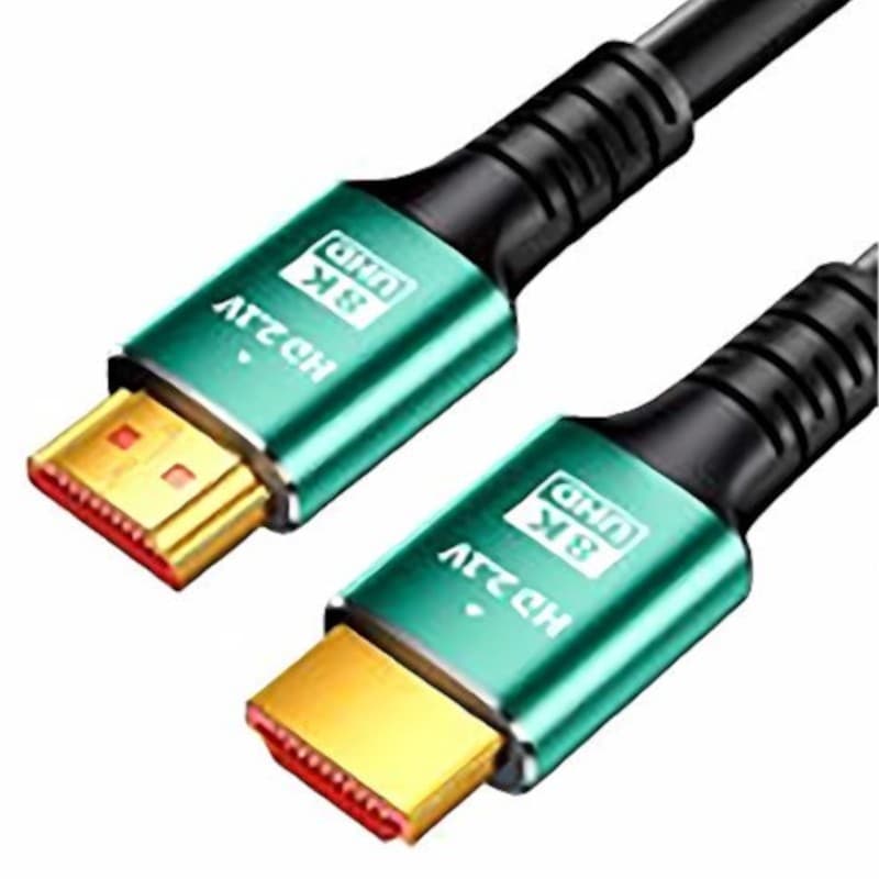 Premium 5m HDMI 2.1 cable with Ethernet, featuring a black flexible exterior and vibrant green connectors with gold-plated tips for enhanced durability and performance.
