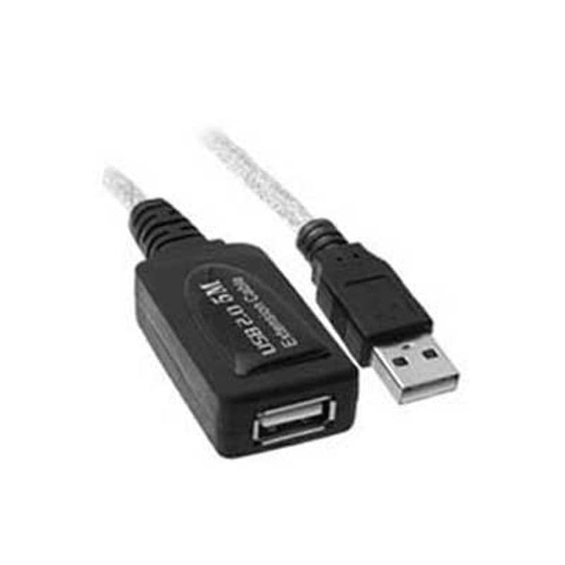 5m USB 2.0 repeater extension cable by FDL featuring a black plastic connector housing and a clear, flexible cable for extended connectivity.
