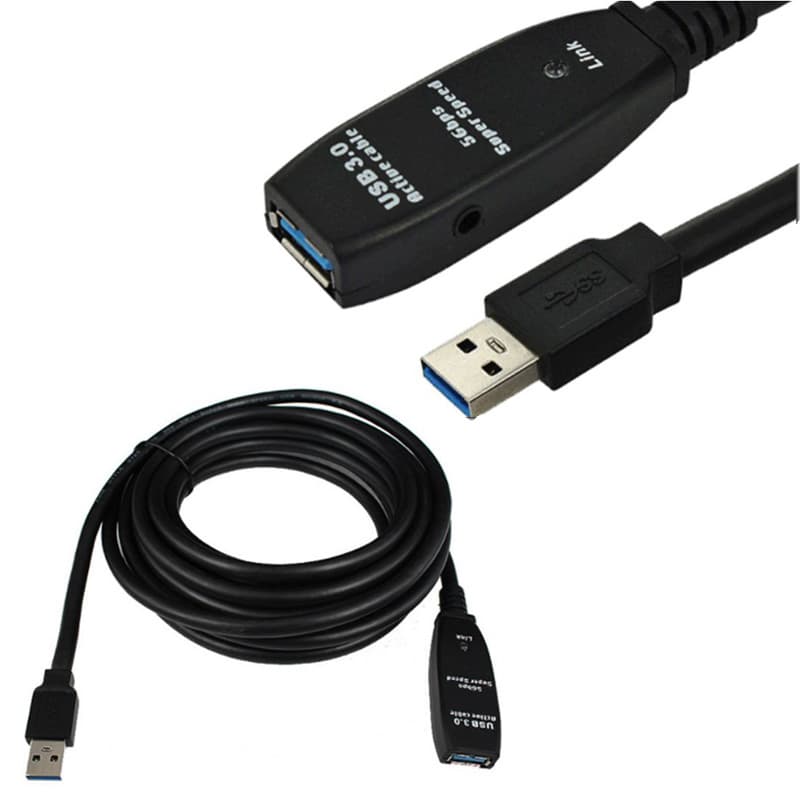 Black 5m USB 3.0 A to A active repeater extension cable, featuring a male connector on one end and a female connector on the other, designed for enhanced data transmission.