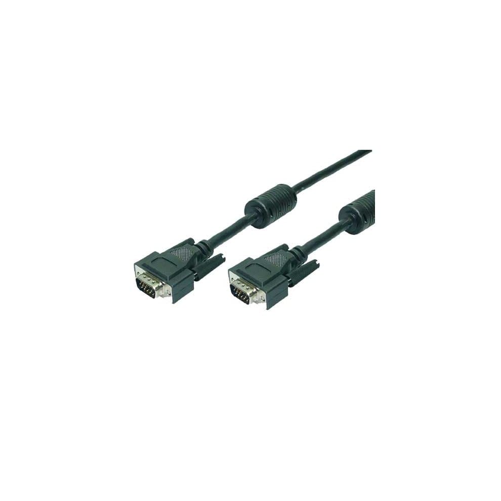 Black 5-meter VGA monitor cable with male connectors on both ends, featuring metal pins and plastic housing for secure connections.