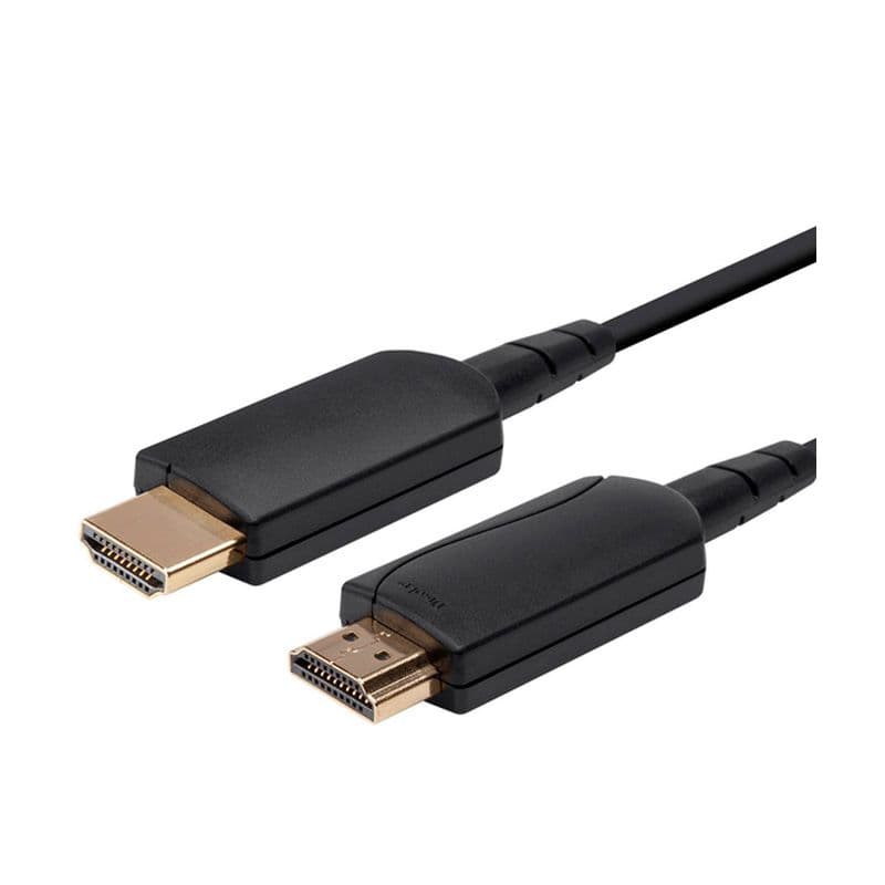 Black HDMI 2.0 AOC cable with gold-plated connectors on both ends, designed for 4K resolution at 60Hz, featuring a flexible, durable design for high-performance connectivity.