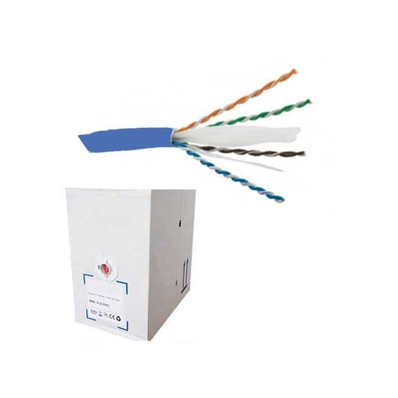 Blue FDL Cat.6 UTP stranded patch cable in a white box, featuring four twisted pairs of wires in orange, green, brown, and blue, designed for networking applications.