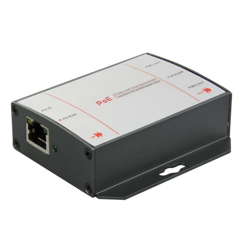 Gray metal PoE++ injector with a white label, featuring Ethernet ports, and marked specifications for 802.3at/bt and 60W power output.