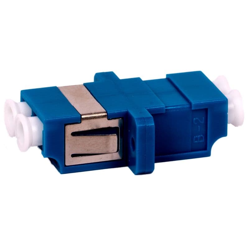 Blue duplex singlemode fibre optic adapter with a rectangular shape, featuring a metal connector and two white ports on either side for fiber connections.