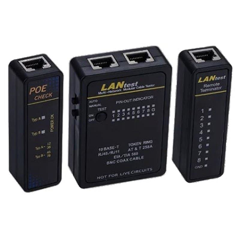 FDL Network Cable Tester set includes a main unit and remote terminator, both in black plastic, featuring LED indicators and Ethernet ports, with a blue PoE module for power checking.