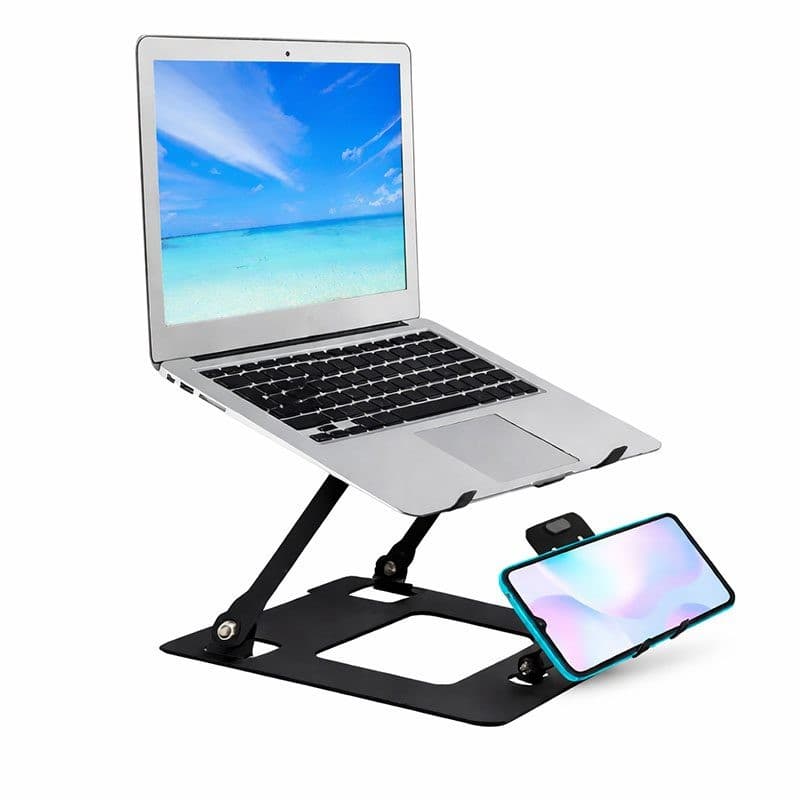Black adjustable laptop and phone stand with a sleek design, featuring a sturdy base and support arms, holding a silver laptop and a smartphone at an ergonomic angle.
