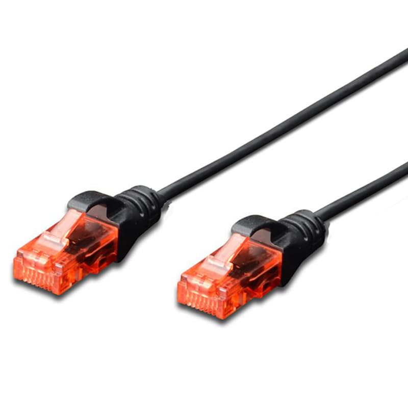 Black 0.25m Cat.6 UTP LSZH patch cable with snagproof design, featuring orange connectors on both ends for secure Ethernet connections.