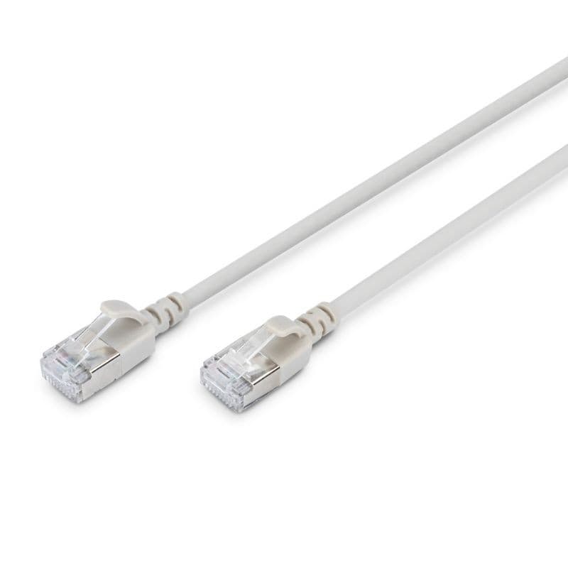 Grey FDL SLIM 1M CAT.6a F-FTP LSZH patch cable with snagproof design, featuring transparent connectors on both ends.