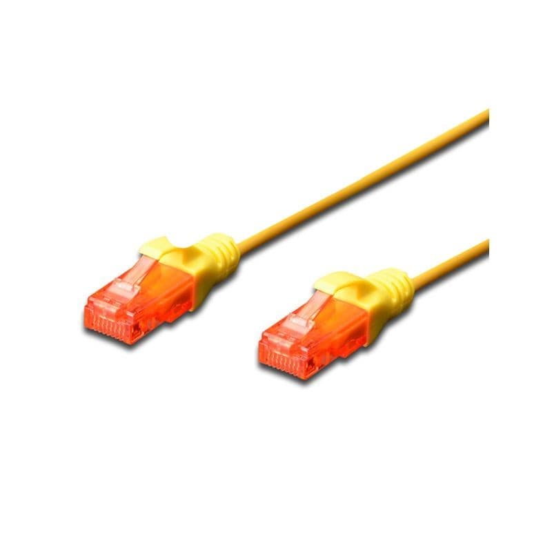 Yellow FDL Slim 3m Cat.6 UTP LSZH patch cable featuring snagproof connectors with transparent orange clips on both ends.