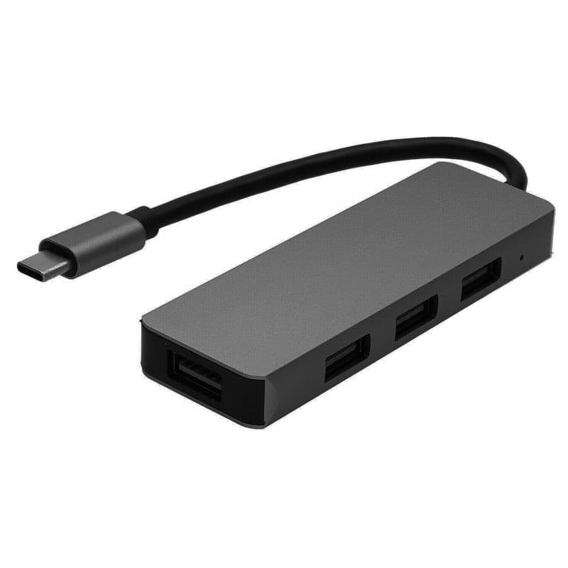 Gray aluminum USB Type C hub with a black cable, featuring four USB-A 3.0 ports for connecting multiple devices.