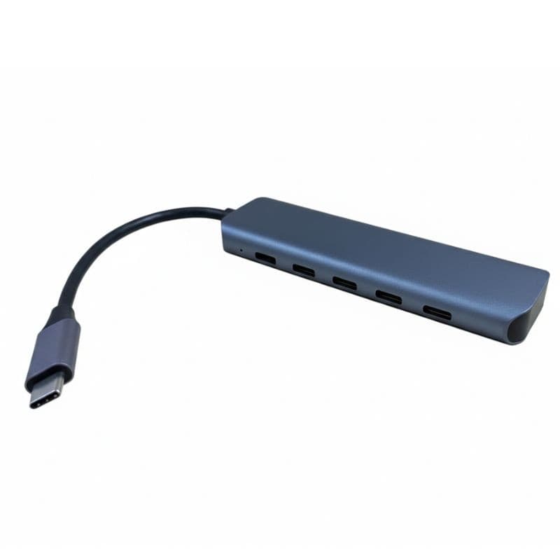 Gray aluminum USB-C hub with four USB-C 3.1 ports and one USB-C port for power delivery, featuring a flexible cable for easy connectivity.
