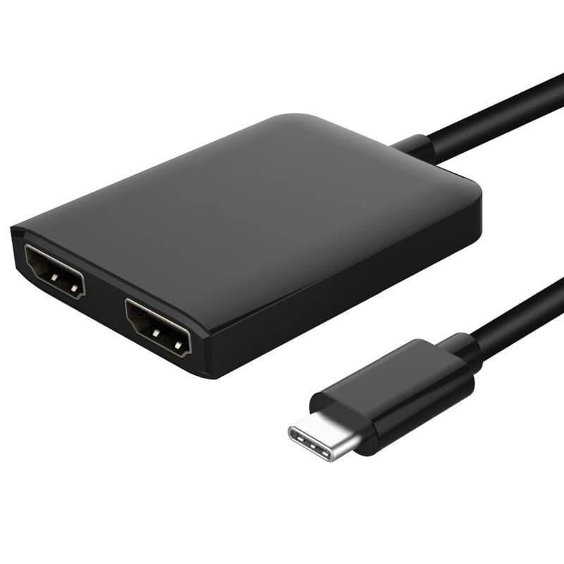 Black FDL USB Type C to Dual HDMI 2.0 adapter cable featuring a rectangular hub with two HDMI ports and a Type C connector, designed for connecting devices to multiple displays.