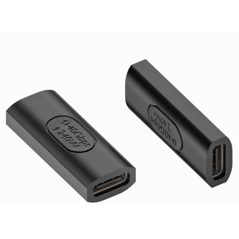 Black USB4 Type C coupler with a straight design, featuring two female connectors for seamless connectivity, made of durable plastic with clear labeling on the surface.
