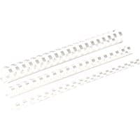 White Fellowes folder binding combs, three sizes, with rectangular holes for document binding.